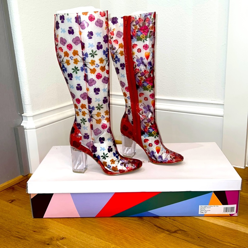 Katy Perry Yarra-Floral Sangria Clear Knee High Boots w/Acrylic Heel , Size 7/37
